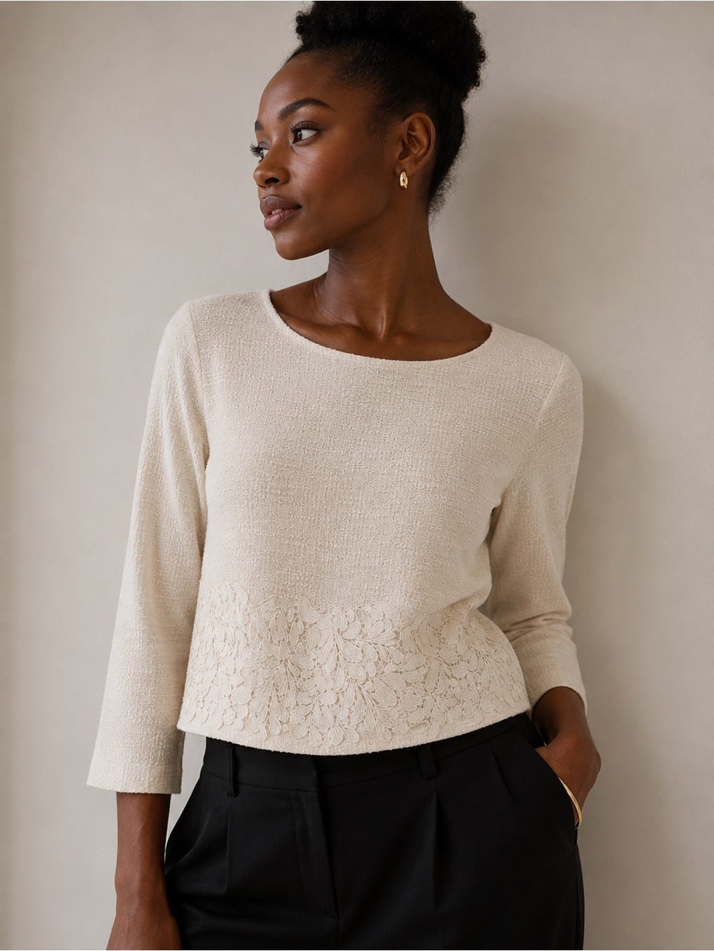 Ann Taylor Cream Boatneck Knit Top with Lace Hem
